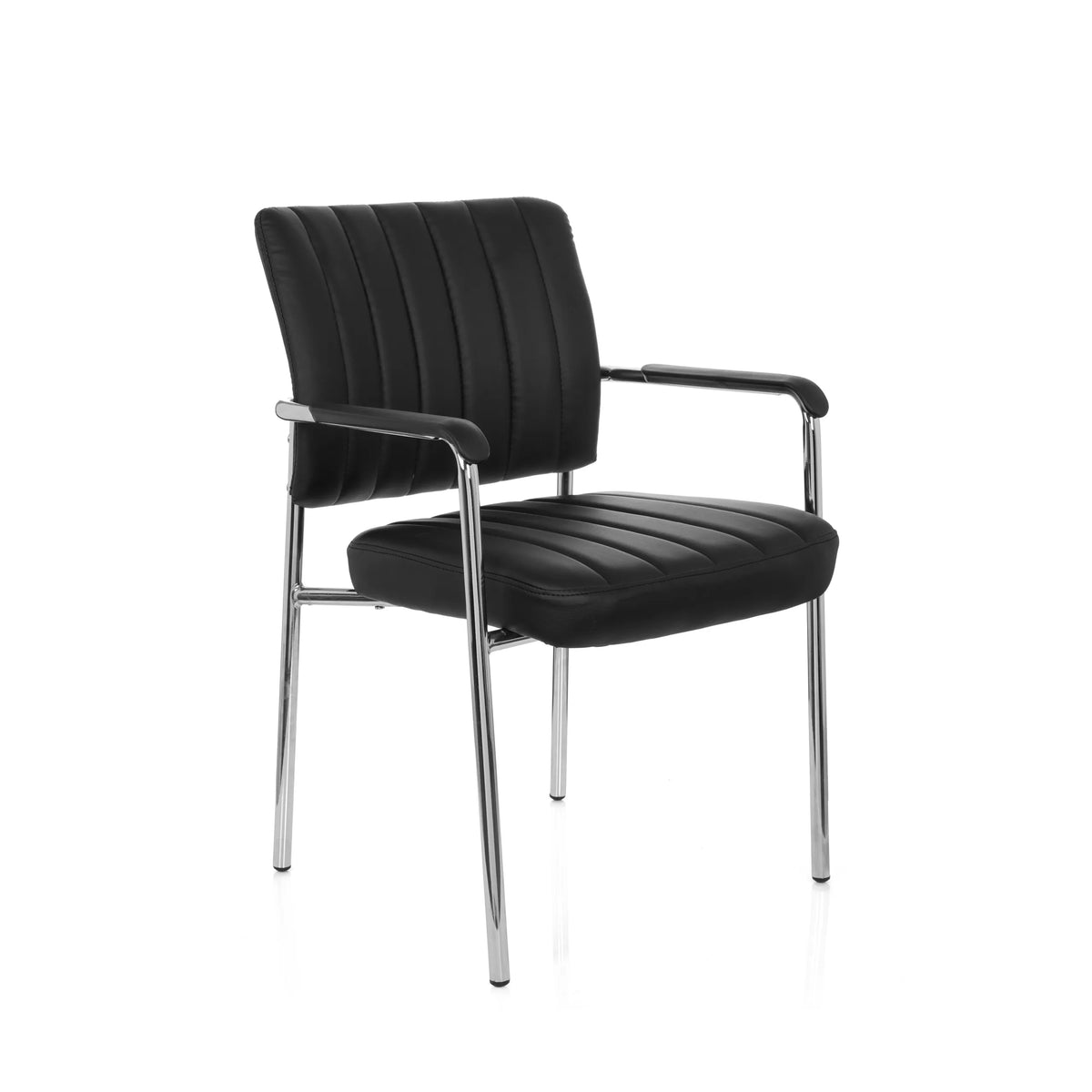 Silla de cuatro patas SOMOS V negra con tapizado de cuero sintético, acolchado capitoné y reposabrazos de hjh OFFICE – vista de 360° (vista frontal en diagonal 40°)