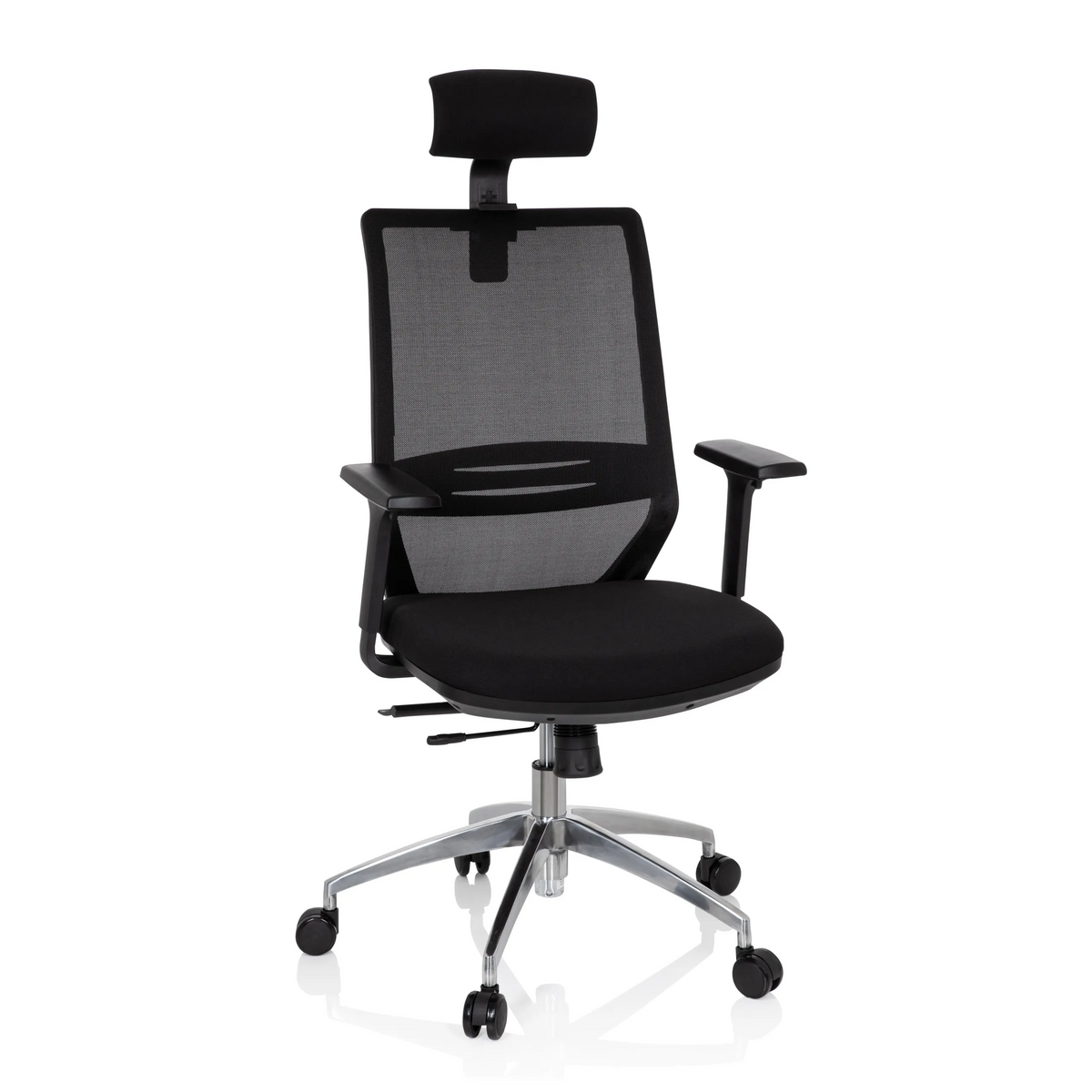 Silla de oficina profesional PROFONDO PRO negra con respaldo de malla, reposacabezas y base de cinco ruedas de hjh OFFICE – vista de 360° (vista frontal 20°)