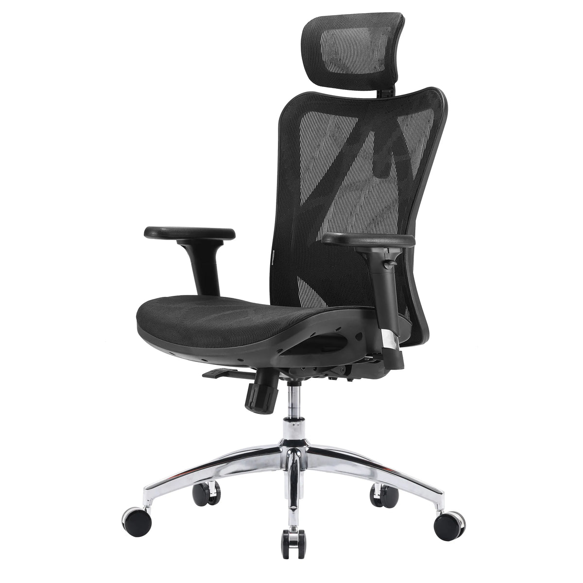 Silla de oficina profesional M57-M015 en color negro con respaldo de malla, reposacabezas y base de aluminio de Sihoo