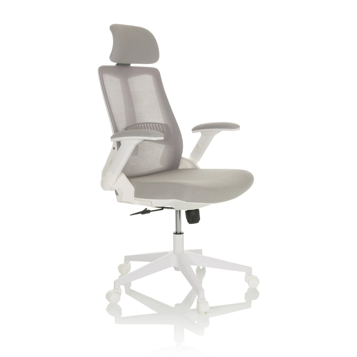 Silla Home Office VENDO W gris con respaldo de malla y base blanca de cinco ruedas de hjh OFFICE – vista de 360° (vista frontal en diagonal 45°)