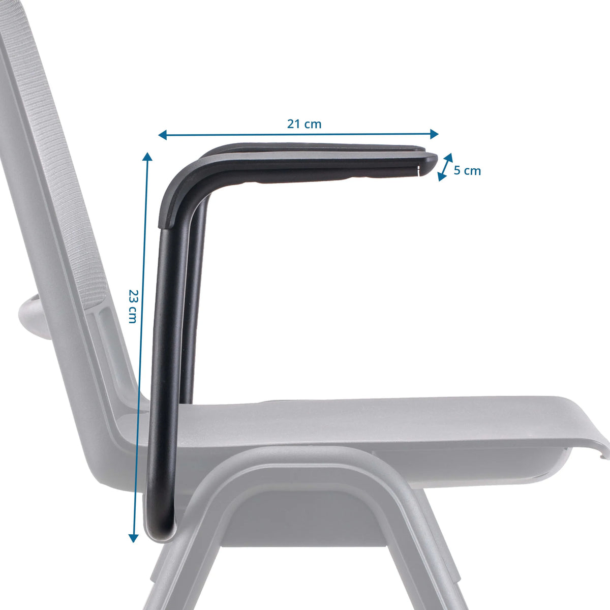 Dibujo dimensional del Reposabrazos MEET WA con una longitud de 21 cm y una altura de 23 cm de hjh OFFICE