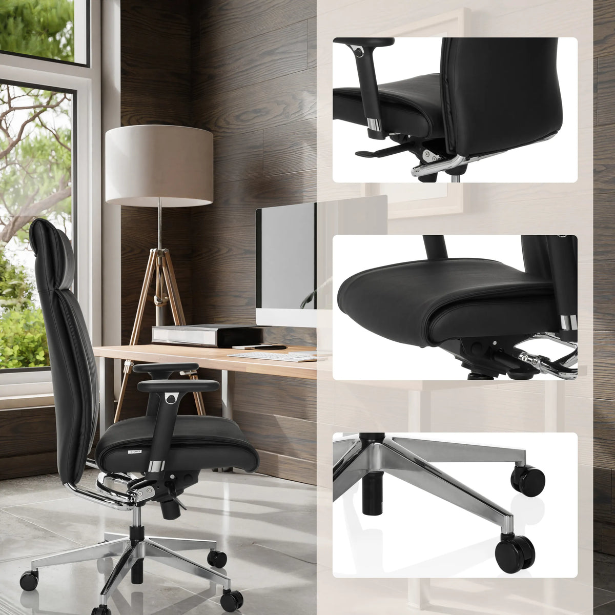 Sillón de oficina profesional CURYO negro con reposabrazos ajustables y base con ruedas en la oficina de hjh OFFICE