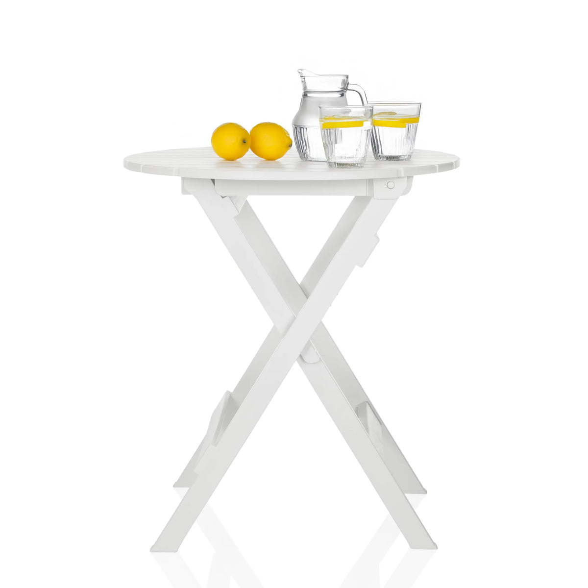Mesa plegable blanca TRAVANO T con tablero redondo y estructura en X de hjh LIVING