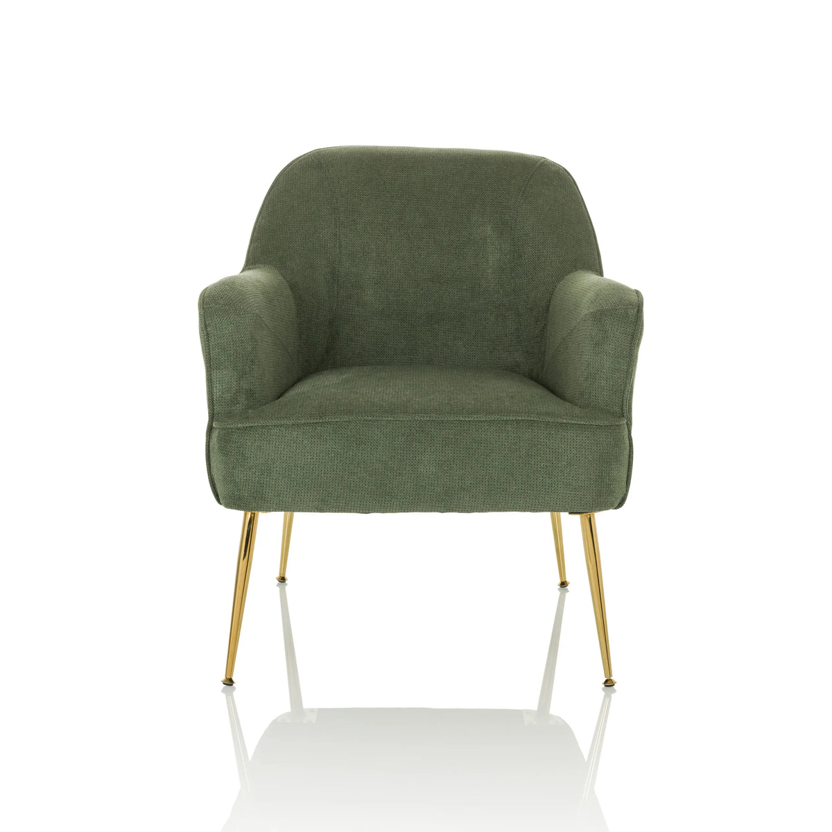 Sillón de diseño verde THASSOS con reposabrazos y patas de metal doradas de hjh LIVING – vista de 360° (vista frontal 0°)