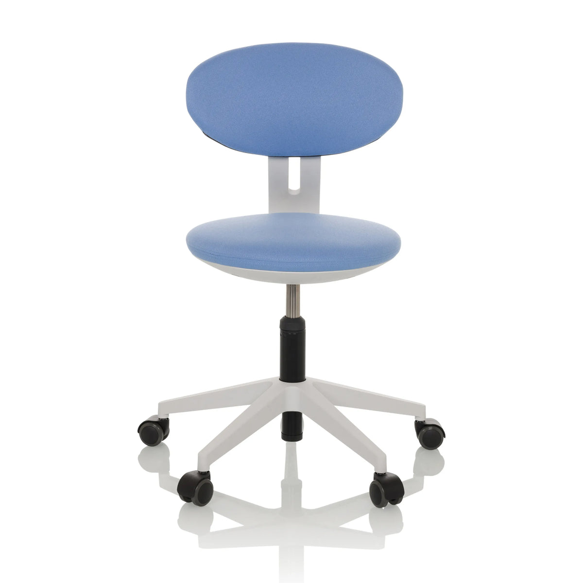 Silla giratoria para niños MINIMOVO azul con base blanca y cinco ruedas de hjh OFFICE – vista de 360° (vista frontal 0°)