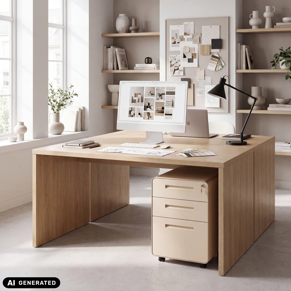 Archivador rodante de metal COLOR PLUS I en color beige con tres cajones bajo un escritorio de hjh OFFICE (imagen generada por IA)