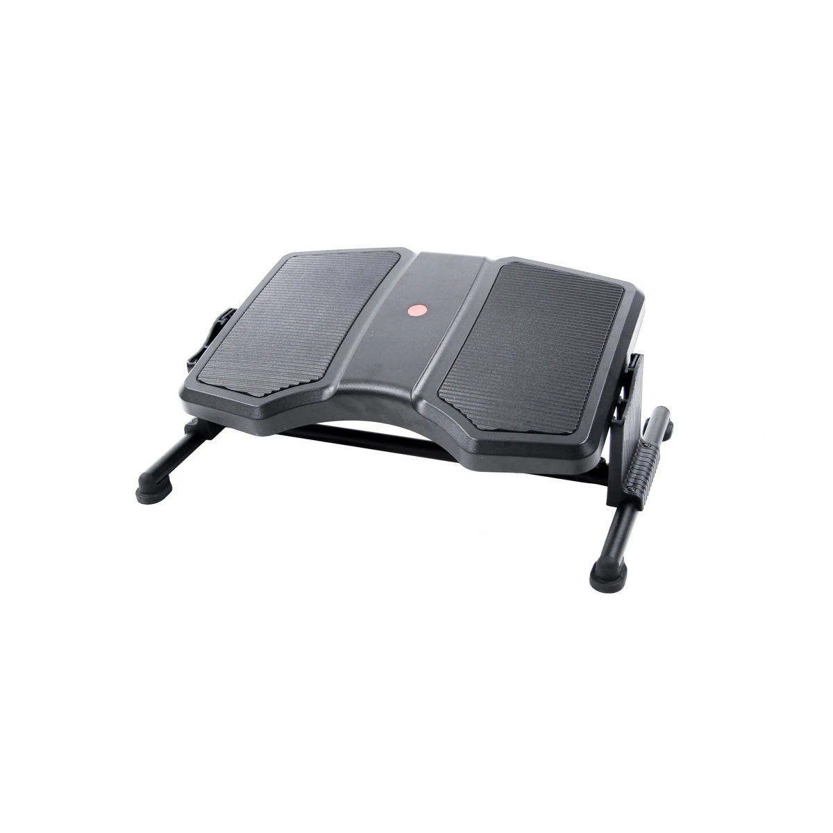 Schwarze Fußablage PODI II mit geriffelten Standflächen und Metallgestell von hjh OFFICE – 360-Grad-Ansicht (schräge Frontansicht 30°)