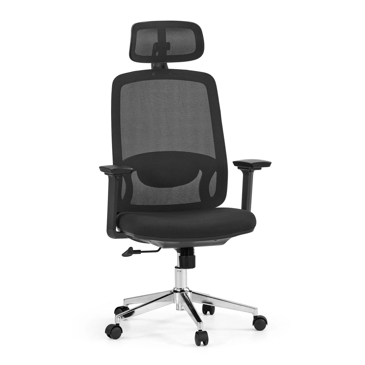 Silla de oficina profesional Ergosento en color negro con respaldo de malla, reposacabezas y base de cinco ruedas de hjh OFFICE – vista de 360° (vista frontal 15°)