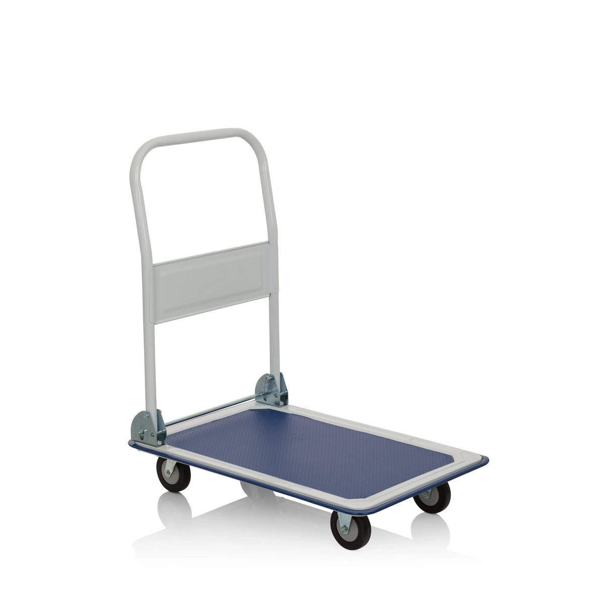 Blau-weißer Plattformwagen CARRY mit klappbarem Griff und vier Rollen von hjh OFFICE – 360-Grad-Ansicht (Frontansicht 20°)