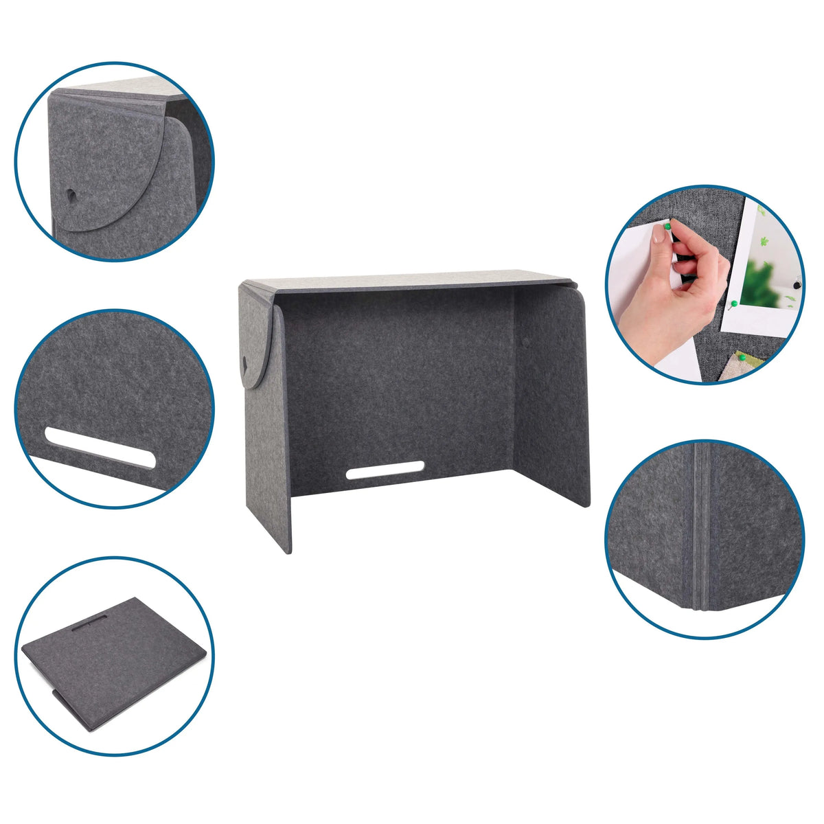 Separador de mesa FLEXMIUT FOLD de fieltro gris con varias vistas detalladas de hjh OFFICE