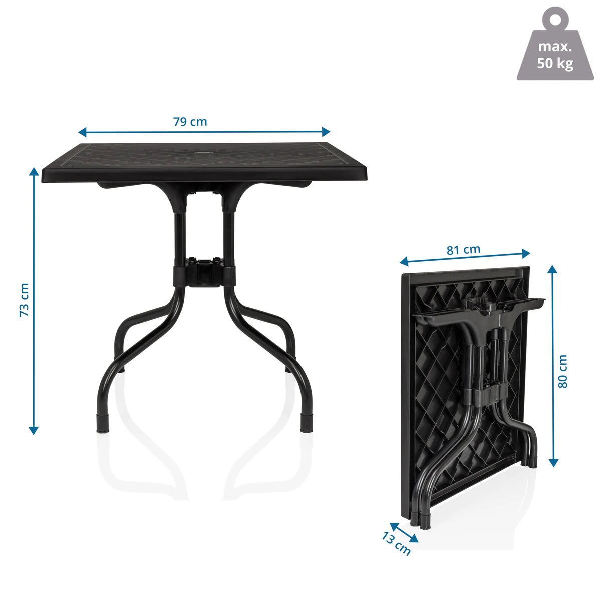Dibujo dimensional de la mesa plegable TRAVANO T1 de 79 × 79 cm y una altura de 73 cm de hjh LIVING