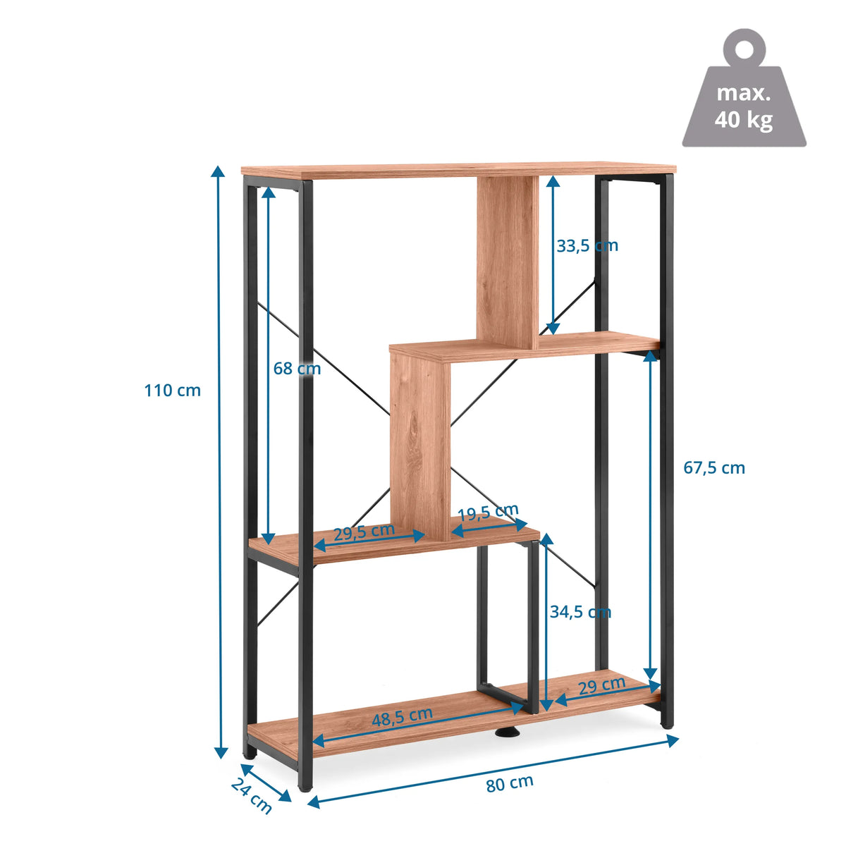 Dibujo dimensional del estante Kalag Eco de 110 × 80 cm y una capacidad de carga de 40 kg de hjh LIVING