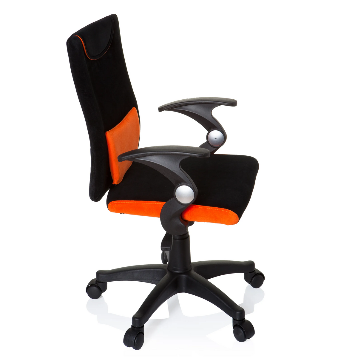 Silla giratoria para niños KIDDY PRO AL en color negro y naranja con cojín lumbar y base de cinco ruedas de hjh OFFICE – vista de 360° (vista lateral 80°)