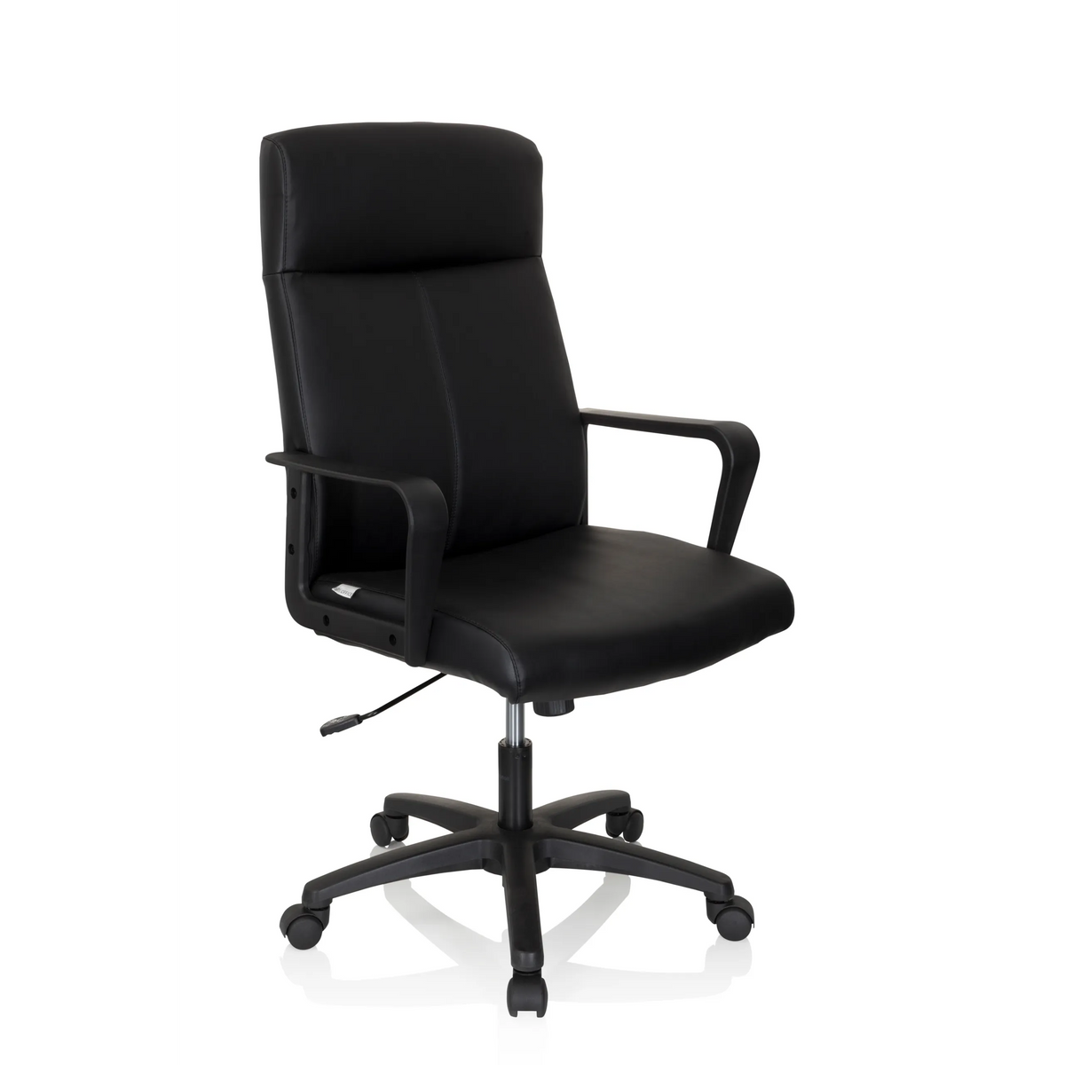 Sillón de oficina profesional LISSO negro con reposabrazos y base de cinco ruedas de hjh OFFICE – vista de 360° (vista frontal en diagonal 40°)