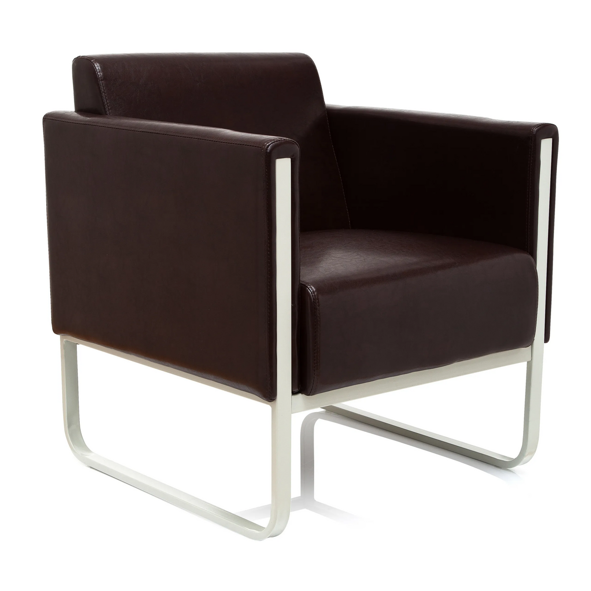 Sillón tapizado marrón ARUBA con estructura de metal blanca de hjh OFFICE – vista de 360° (vista frontal en diagonal 40°)