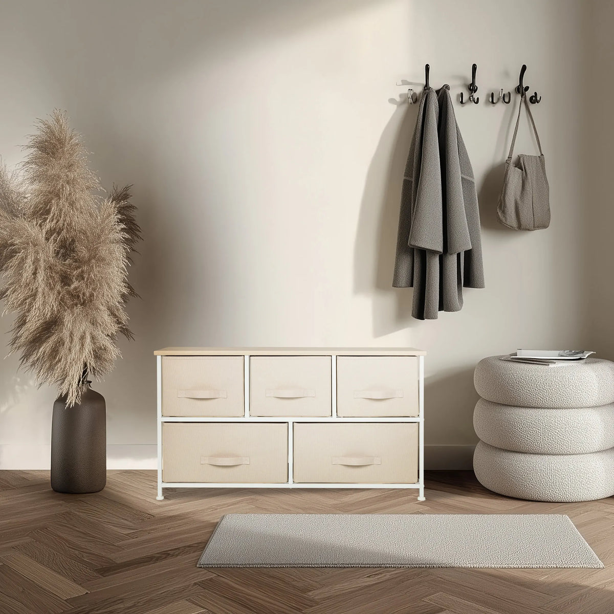 Cómoda beige FOLDAR con cinco cajones de tela y estructura blanca de hjh LIVING