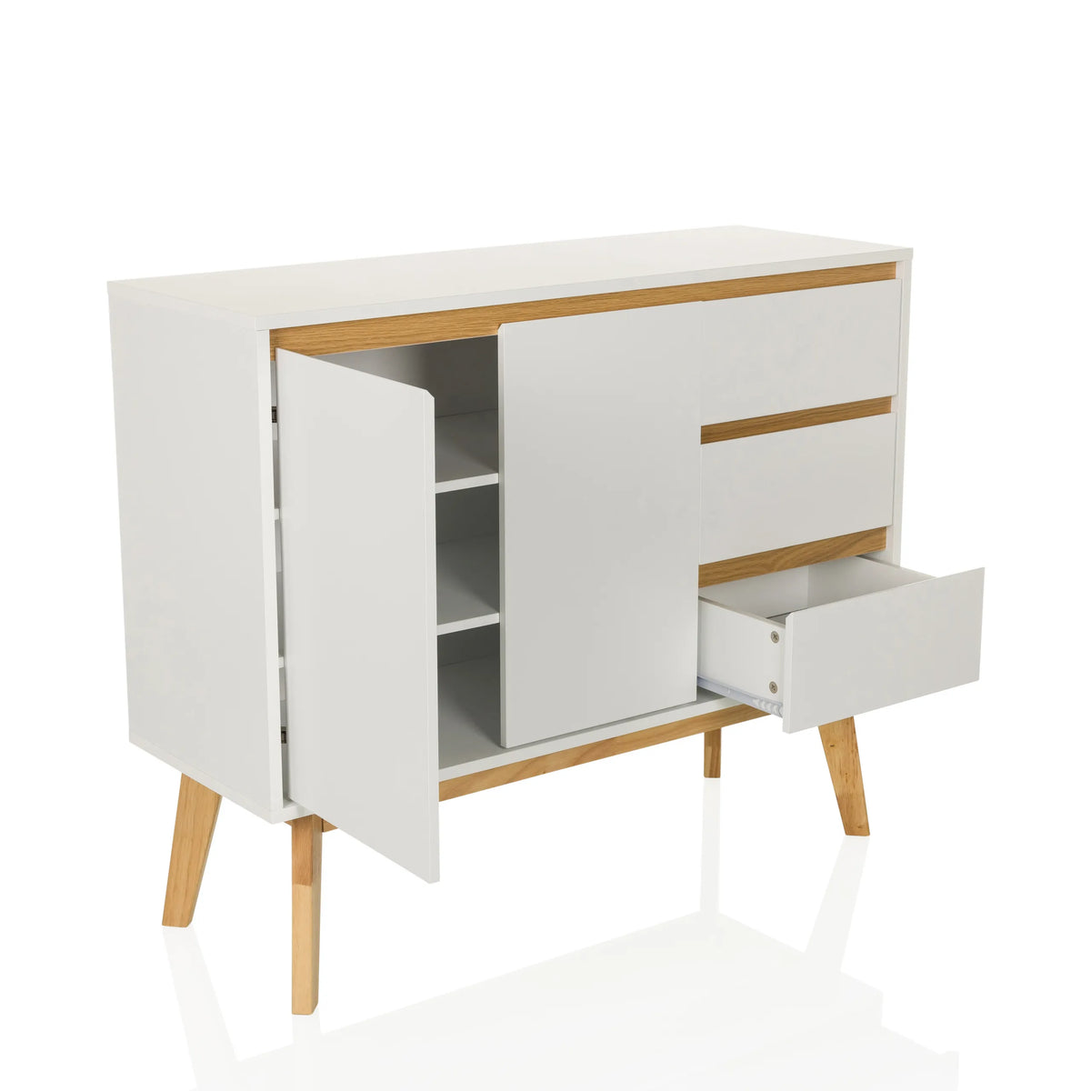 Aparador blanco TAROLO I con una puerta abierta y un cajón sobre patas de madera de hjh LIVING