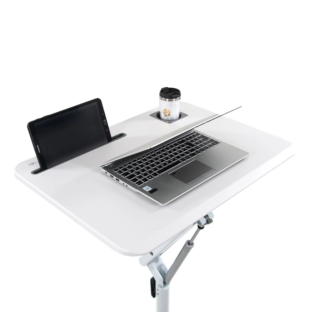 Superficie blanca del escritorio de pie STAND VM-SU I con portátil, tableta y portavasos de hjh OFFICE