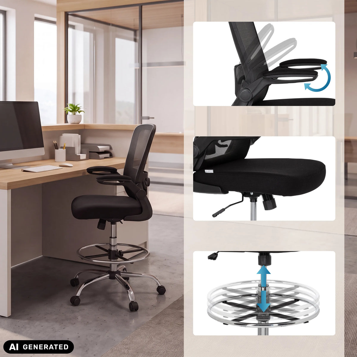 Silla de mostrador VENDO WORK en negro con reposapiés y reposabrazos giratorios de hjh OFFICE (imagen generada por IA)