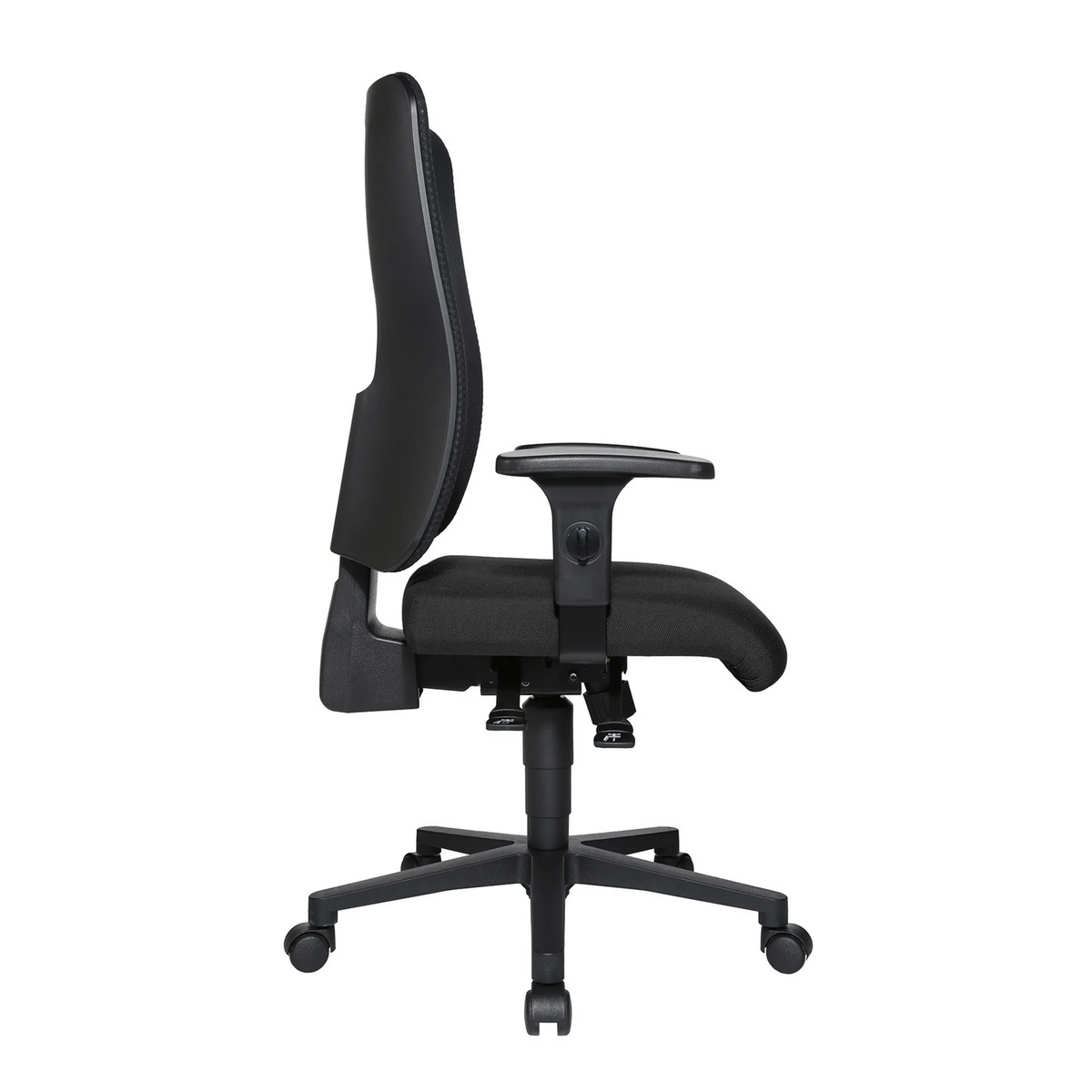 Silla de oficina profesional HJH WORK PRO negra con respaldo de malla y base de cinco ruedas de Topstar – vista de 360° (vista trasera en diagonal 120°)