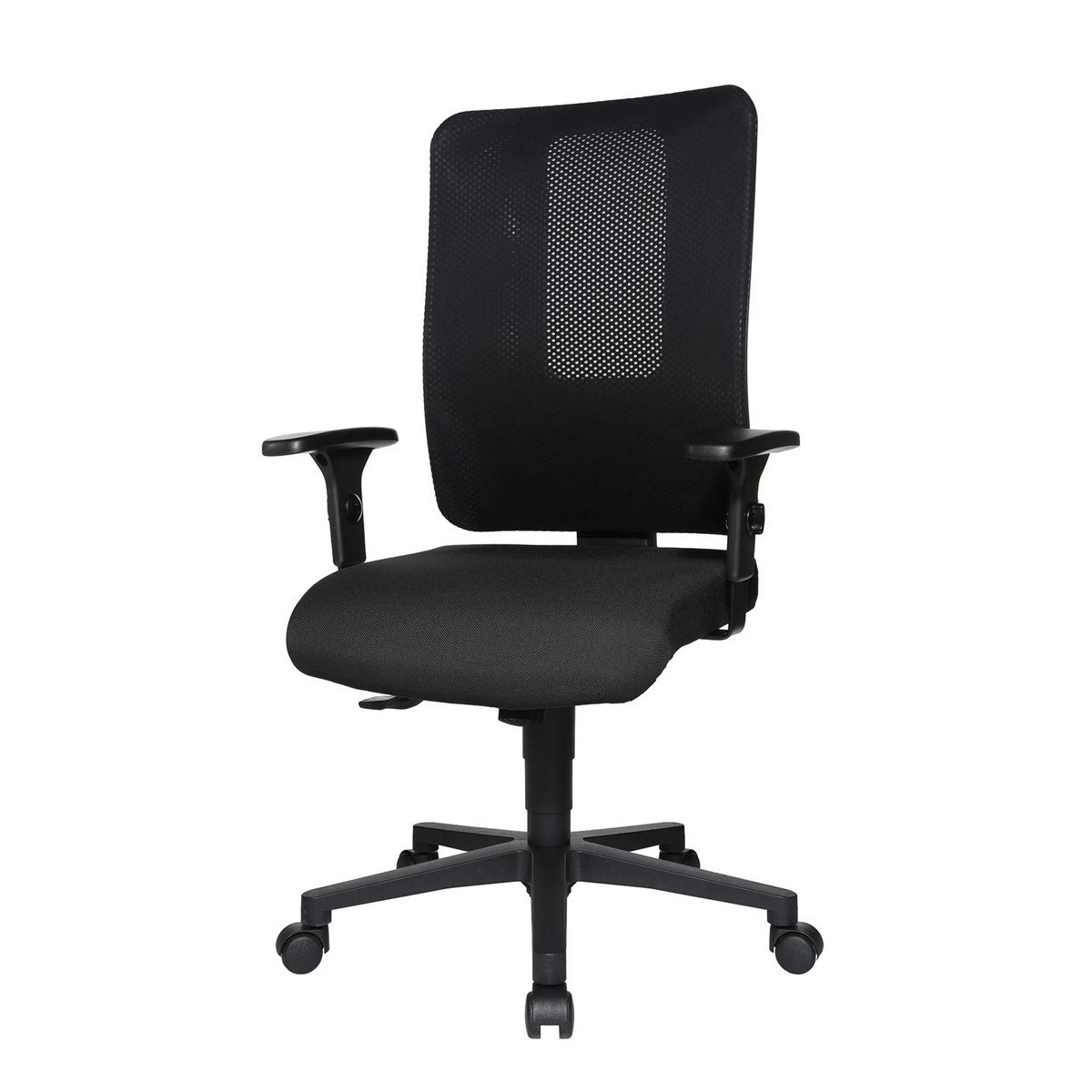 Silla de oficina profesional HJH WORK PRO negra con respaldo de malla y base de cinco ruedas de Topstar – vista de 360° (vista frontal en diagonal 300°)