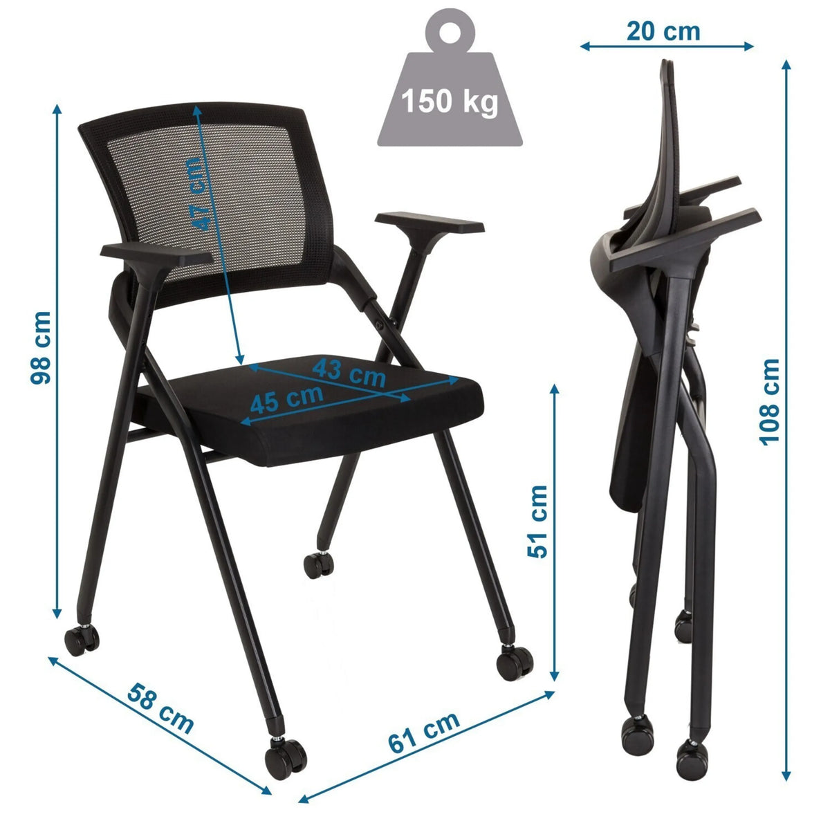 Dibujo dimensional de la silla plegable PRIORITY II con una altura de 98 cm y una capacidad de carga de 150 kg de hjh OFFICE
