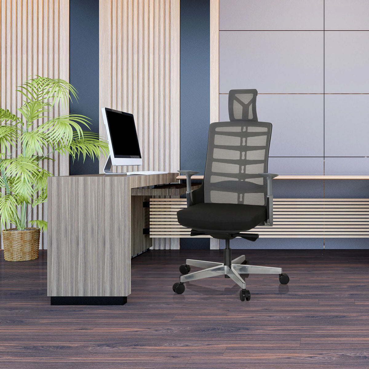 Silla alta gama SKARIF en color negro-gris frente a un escritorio en una oficina moderna de hjh OFFICE