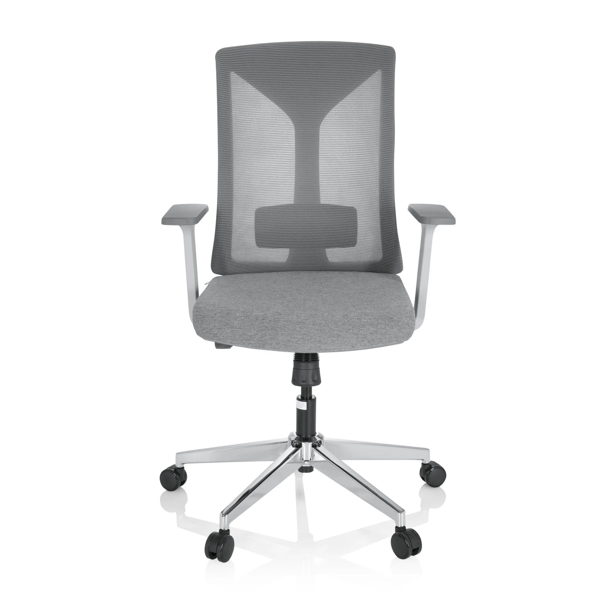 Silla de oficina profesional HALIFAX gris con respaldo de malla y base de cinco ruedas de hjh OFFICE – vista de 360° (vista frontal 0°)