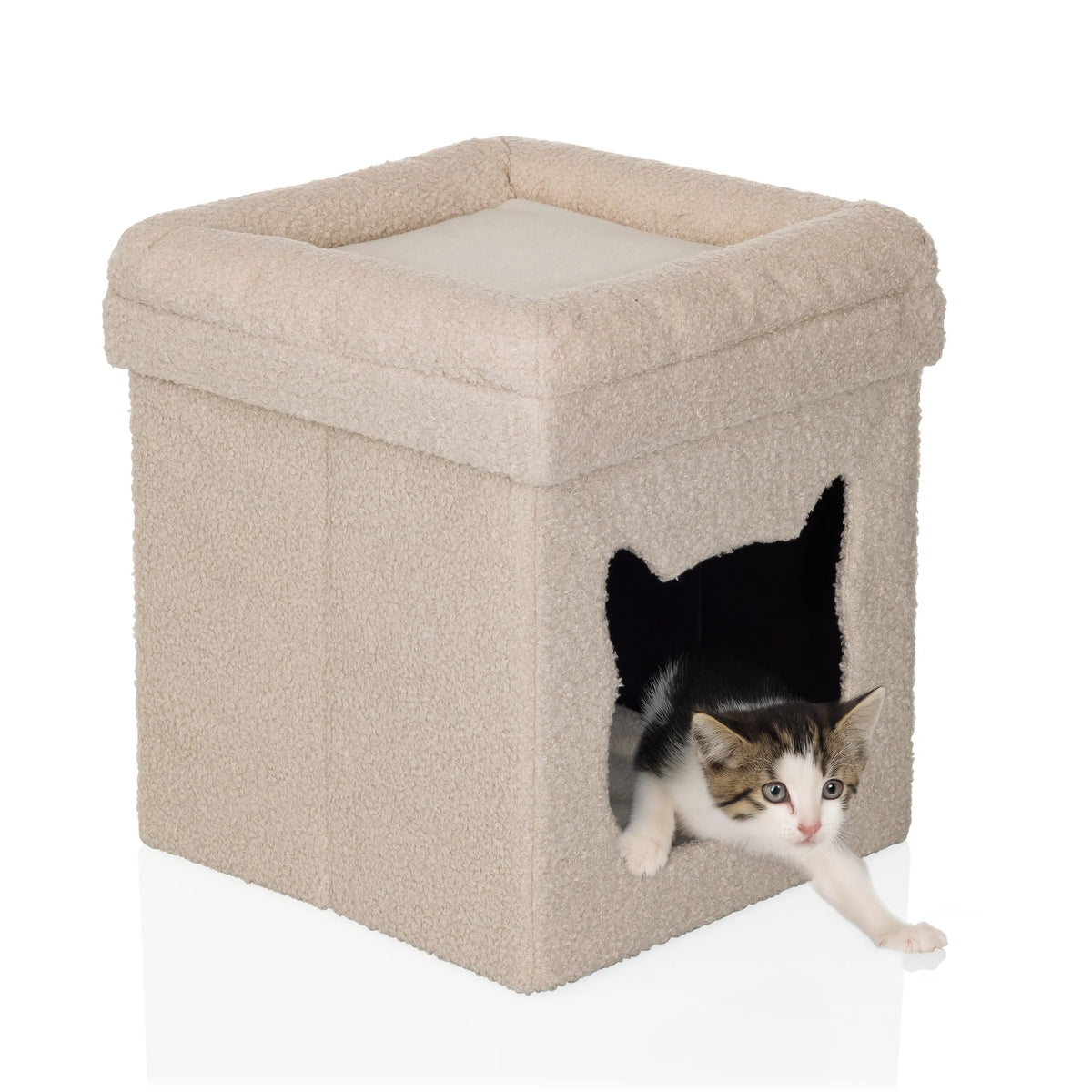 Casa para gatos PAWY ES beige con funda de felpa suave y un gatito pequeño en su interior de hjh LIVING