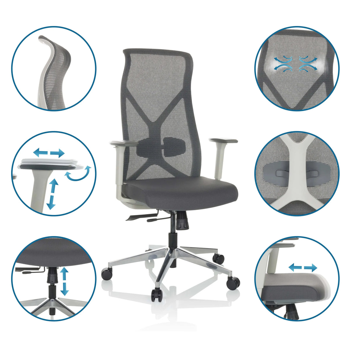 Silla de oficina profesional AZURRO WHITE en gris con varias vistas detalladas de las opciones de ajuste de hjh OFFICE