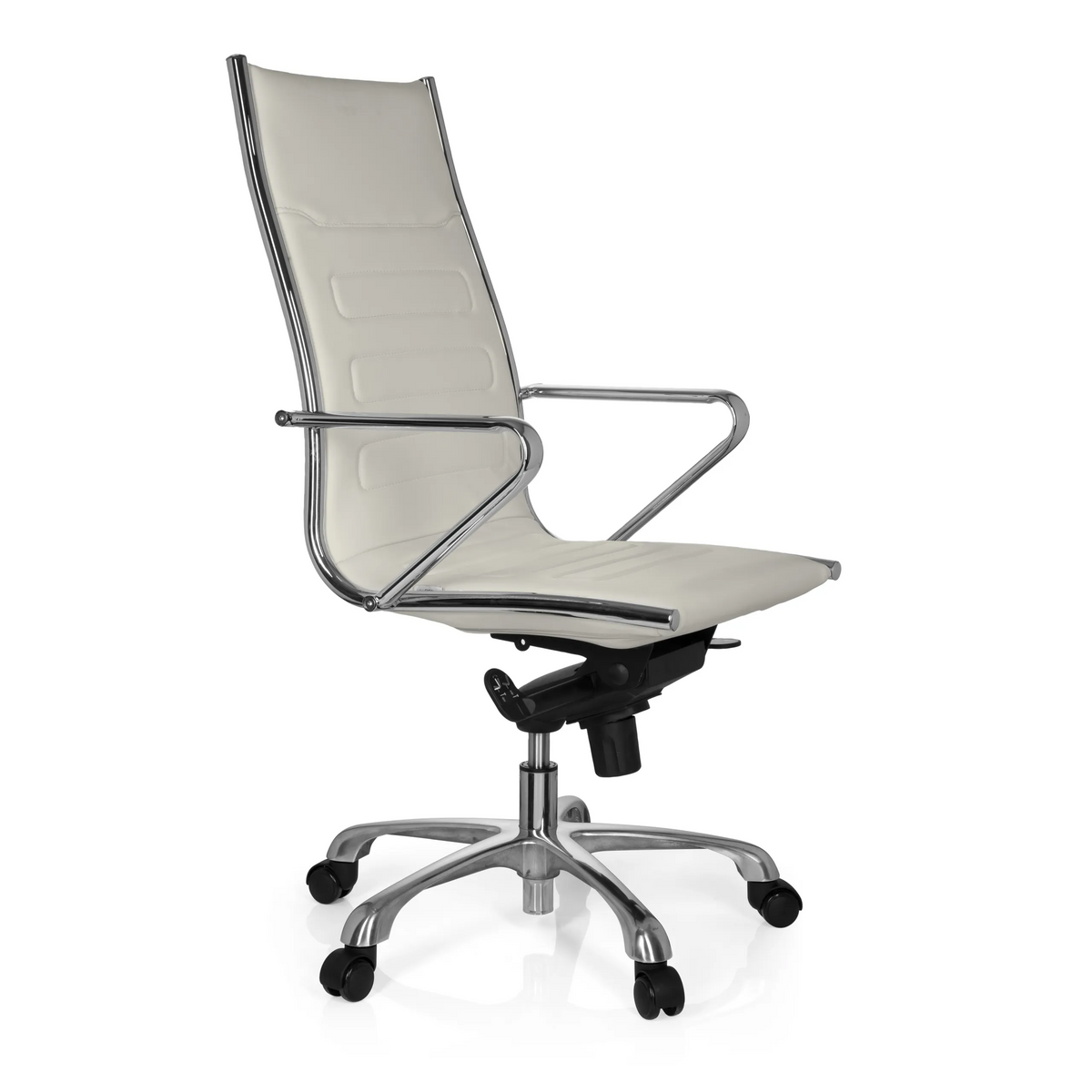 Sillón de oficina profesional PARIBA III color crema con reposabrazos y base de cinco ruedas de hjh OFFICE – vista de 360° (vista frontal en diagonal 60°)