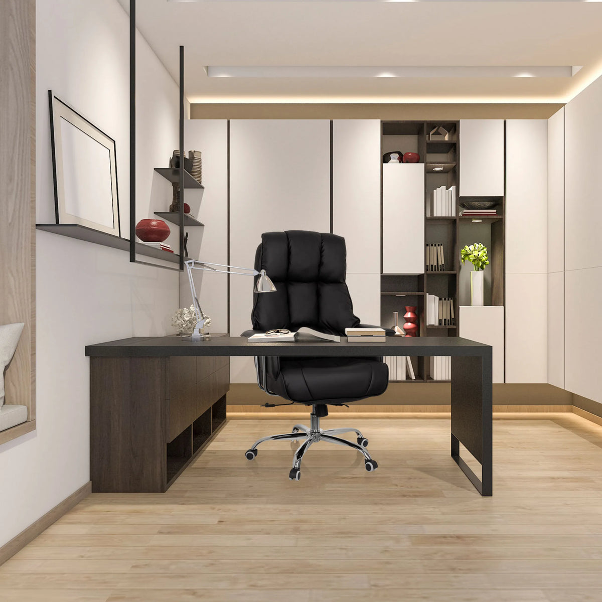 Sillón de oficina profesional COMMANDER negro con tapicería acolchada y base con ruedas de hjh OFFICE
