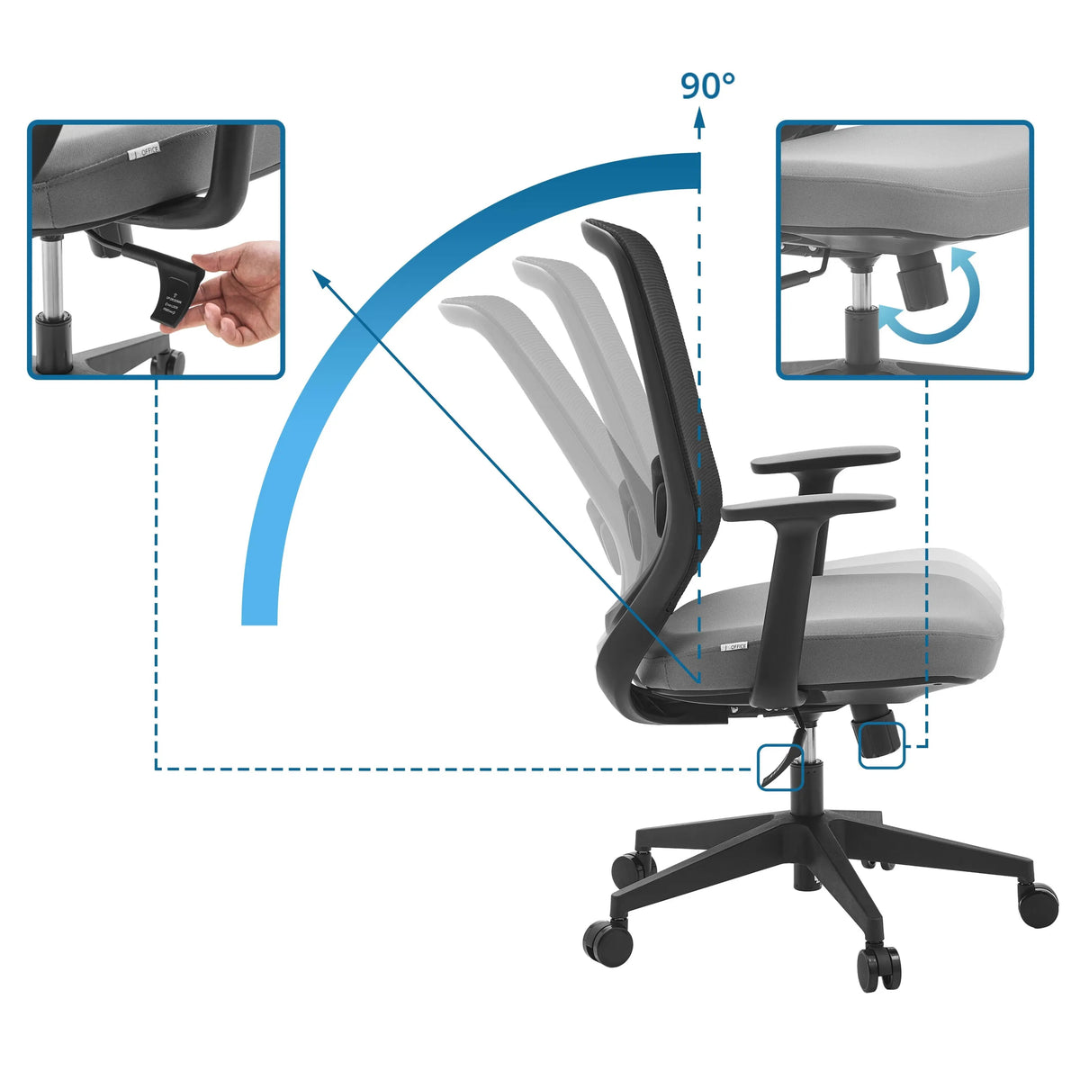 Respaldo reclinable 90 grados y ajuste de altura de la Silla Home Office Sedito de hjh OFFICE