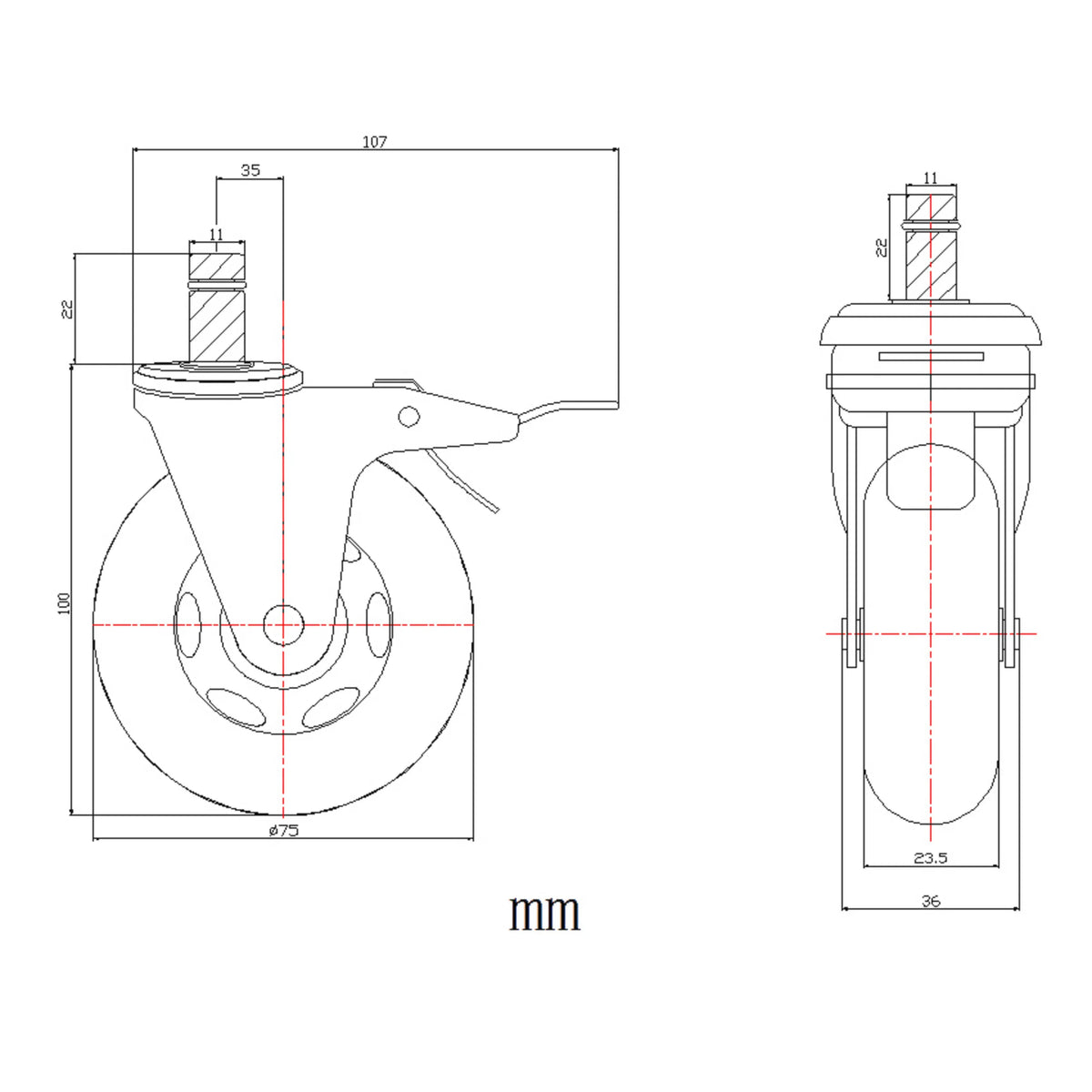 Dibujo técnico de las Ruedas para sillas 5x ROLO SKATE S 11mm/75mm con un diámetro de 75 mm de hjh OFFICE