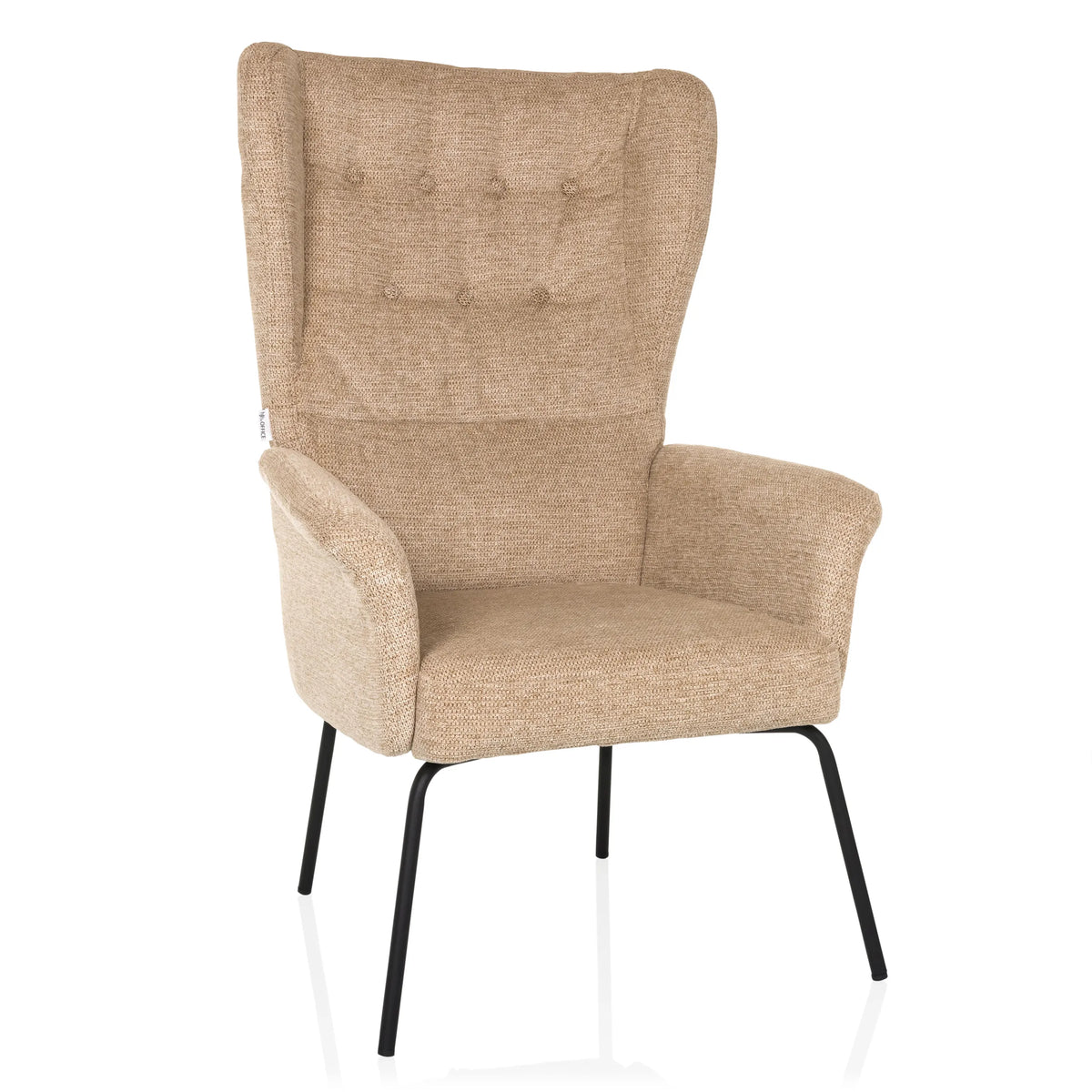 Sillón tapizada beige HAVENIO con capitoné, reposabrazos y patas de metal negras de hjh LIVING – vista de 360° (vista frontal 15°)