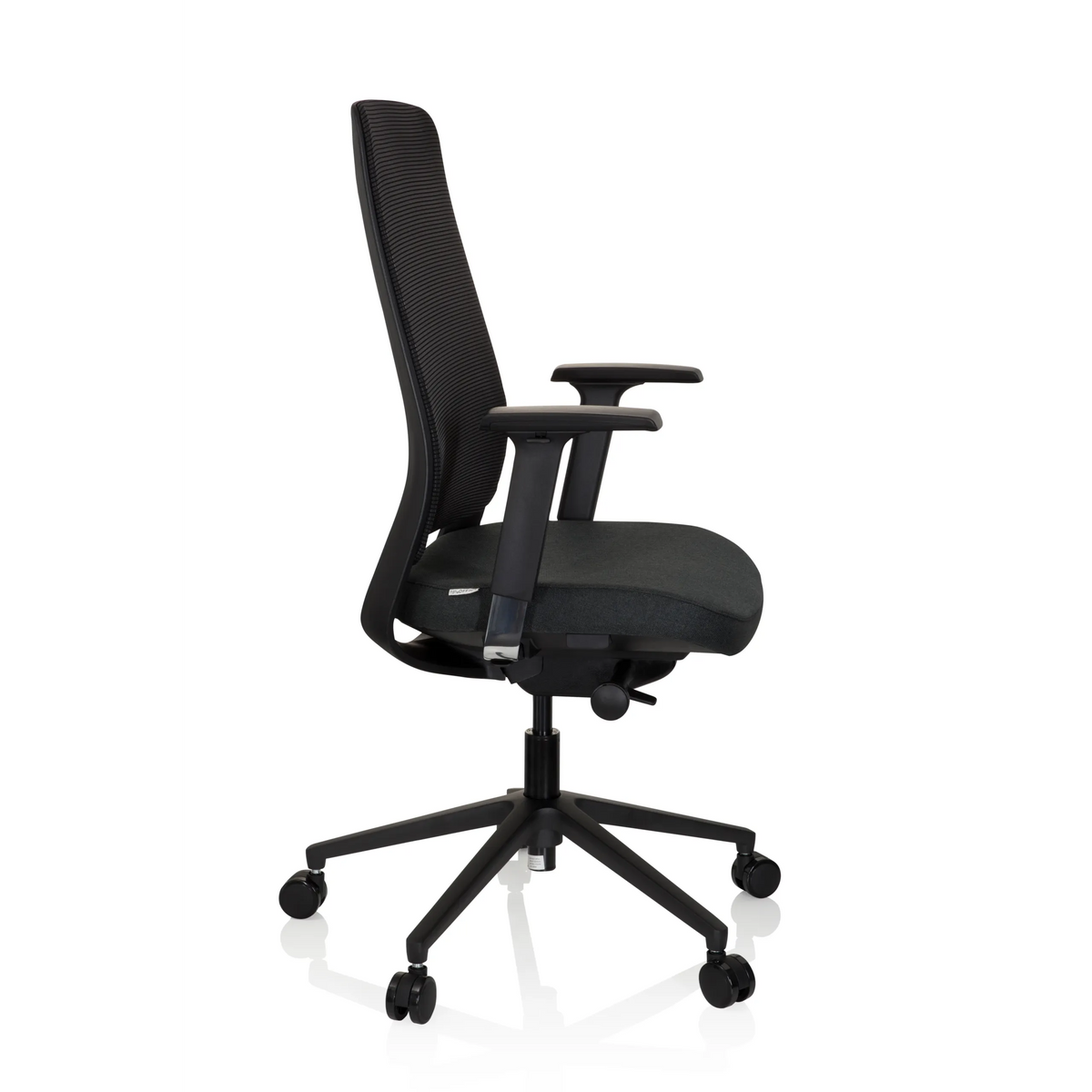 Silla de oficina profesional CHIARO T1 BLACK negra con respaldo de malla y base de cinco ruedas de hjh OFFICE – vista de 360° (vista lateral 80°)