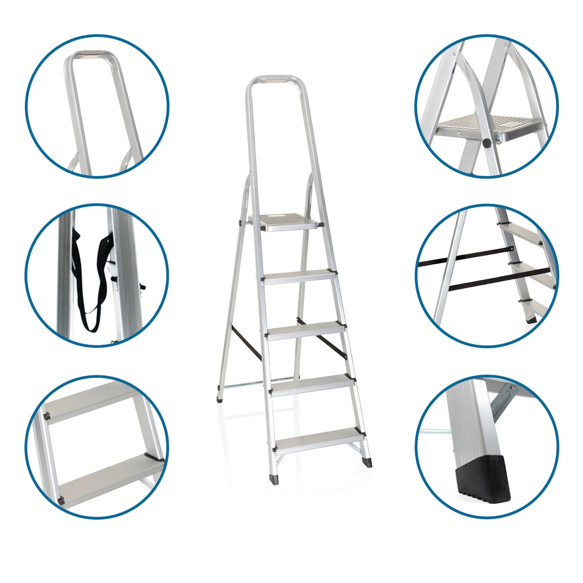 Escalera plegable de aluminio SOLID III con cinco peldaños, correa de transporte y pies antideslizantes de hjh OFFICE
