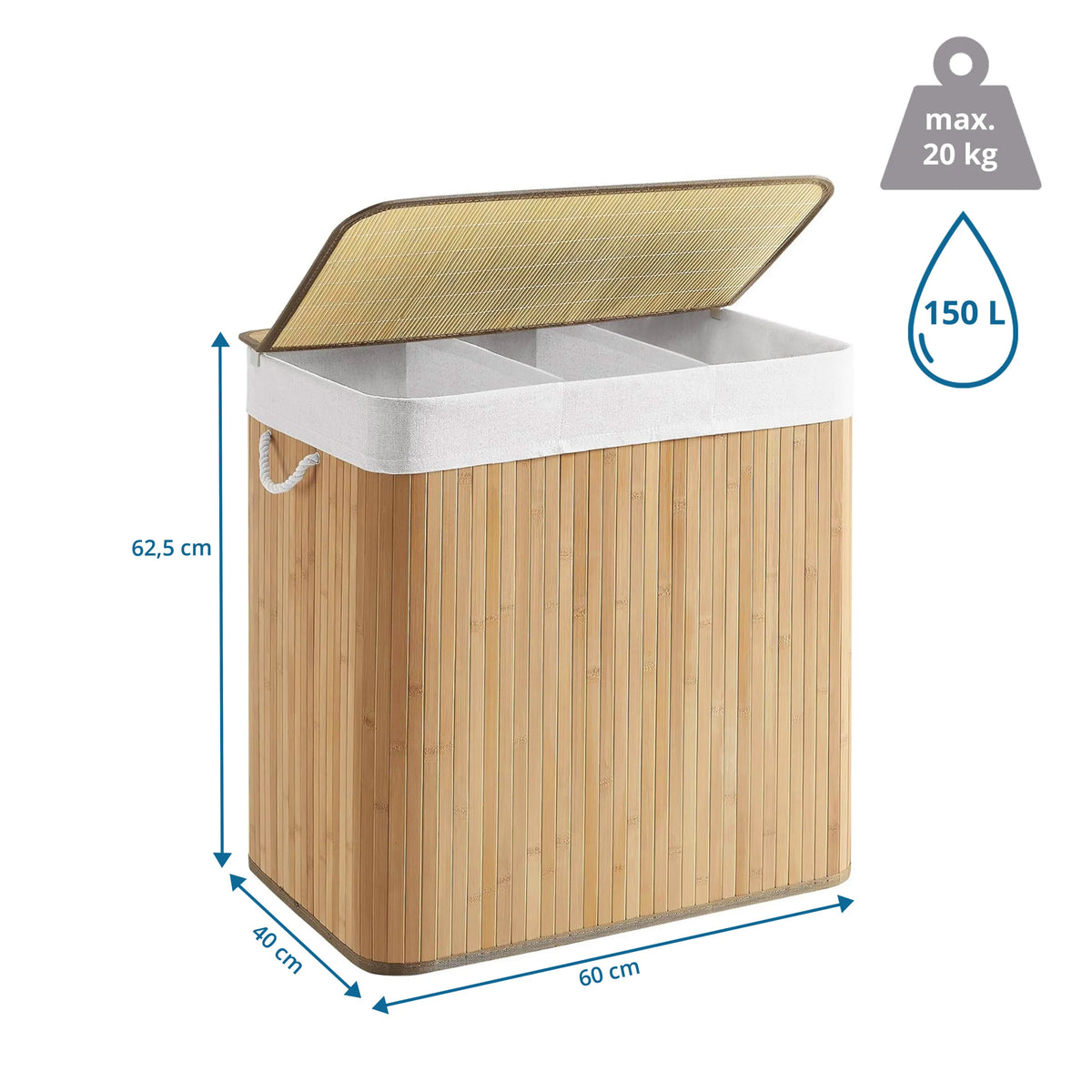 Plano dimensional de la Cesta de ropa FALSTER XXL B con 60 × 40 cm y 150 L de capacidad de hjh LIVING