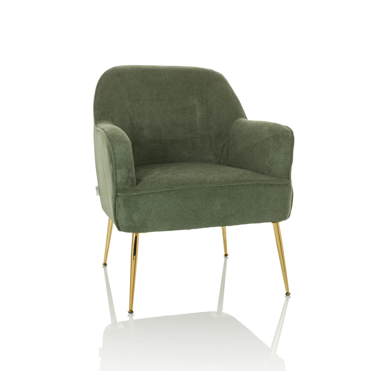 Sillón de diseño verde THASSOS con reposabrazos y patas de metal doradas de hjh LIVING – vista de 360° (vista frontal 15°)
