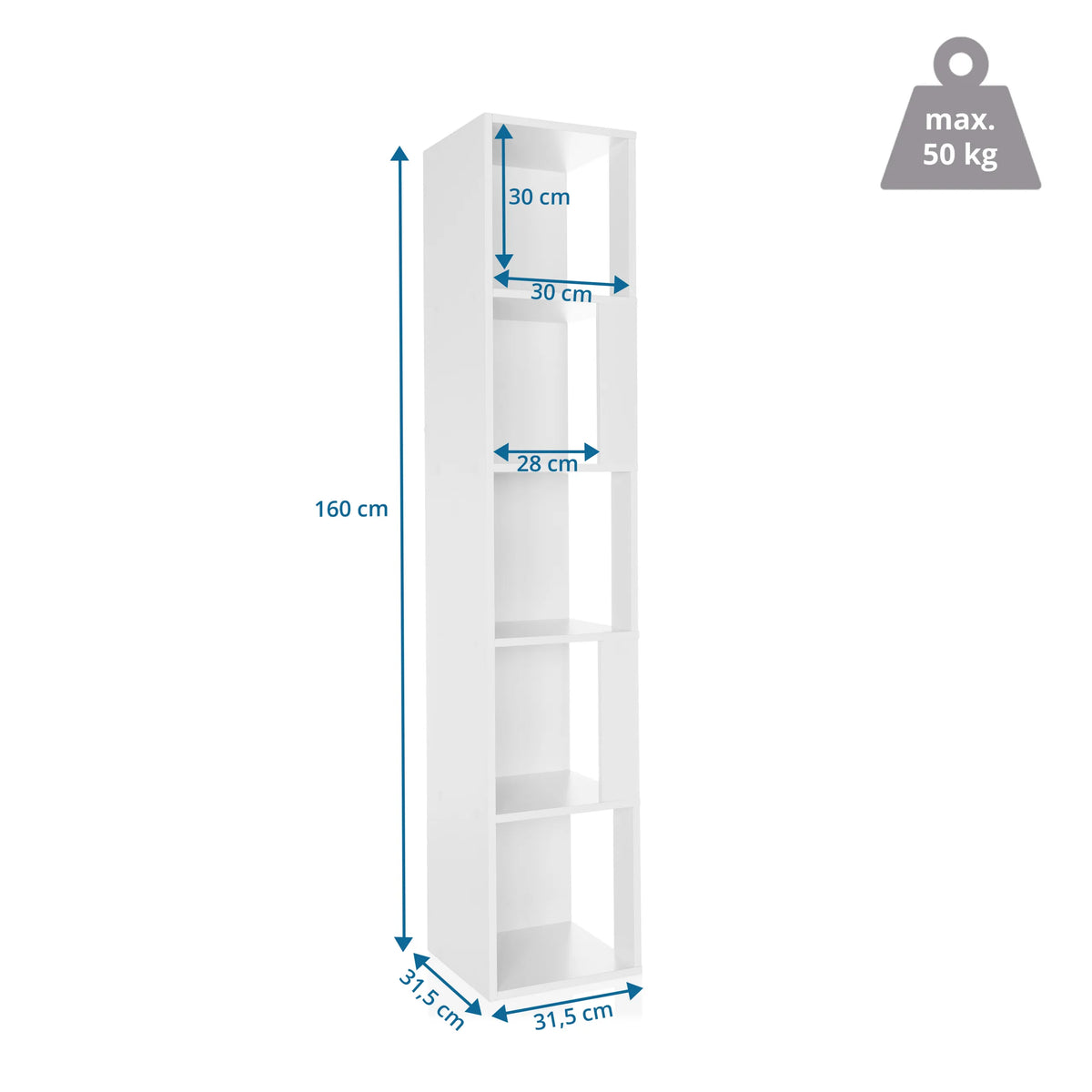 Dibujo dimensional del estante KALAG S con una altura de 160 cm y una anchura de 31,5 cm de hjh LIVING