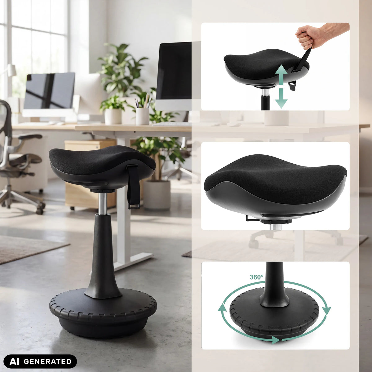 Asiento regulable en altura y base giratoria de 360 grados del asiento de pie Balance Sit Ergo de hjh OFFICE (imagen generada por IA)