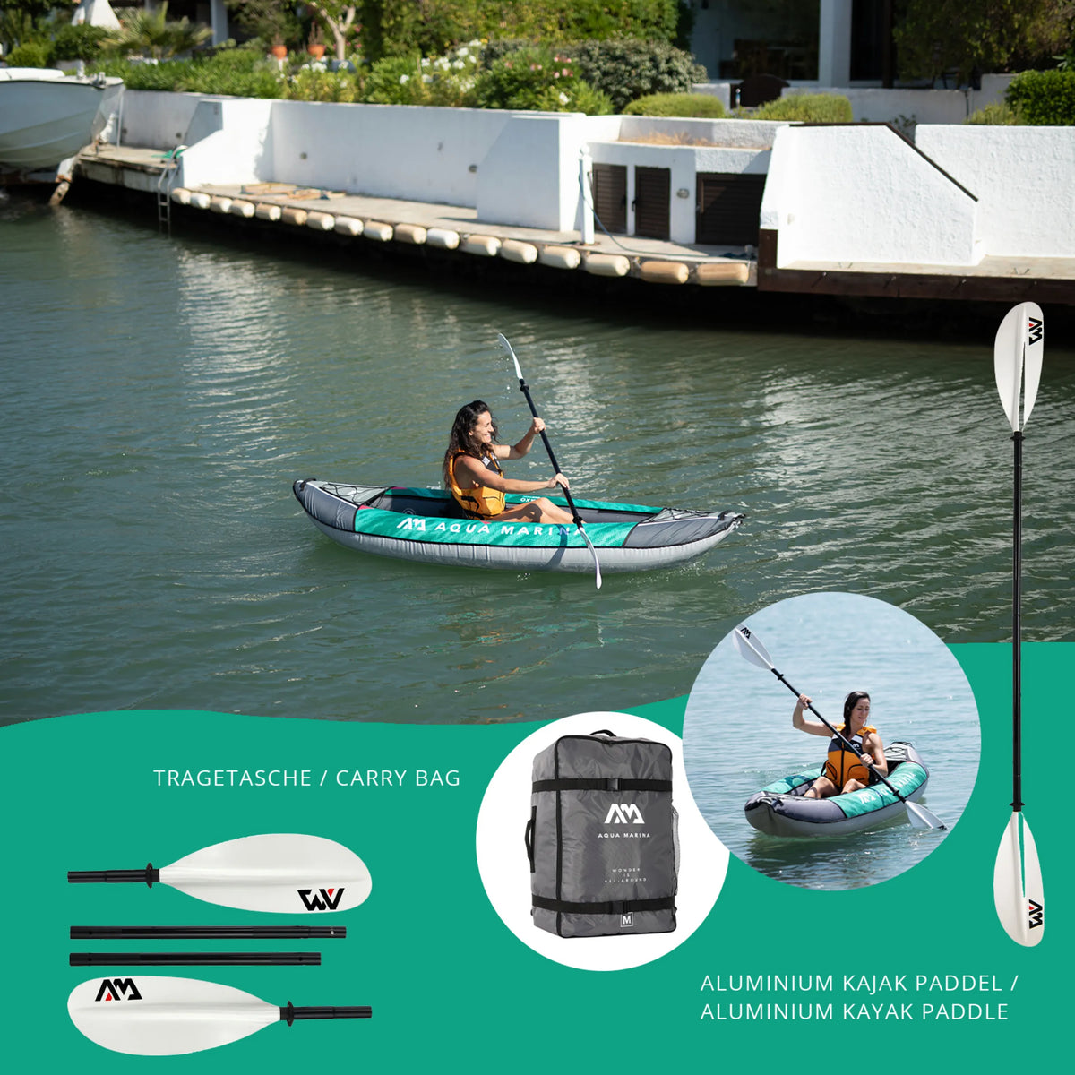 kayak inflable LAXO-285 en color petróleo con remo de aluminio y bolsa de transporte de Aqua Marina