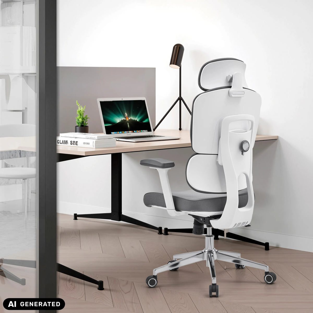 Silla de oficina profesional Ergomy WF 2 en gris con marco blanco y reposacabezas de hjh OFFICE (imagen generada por IA)