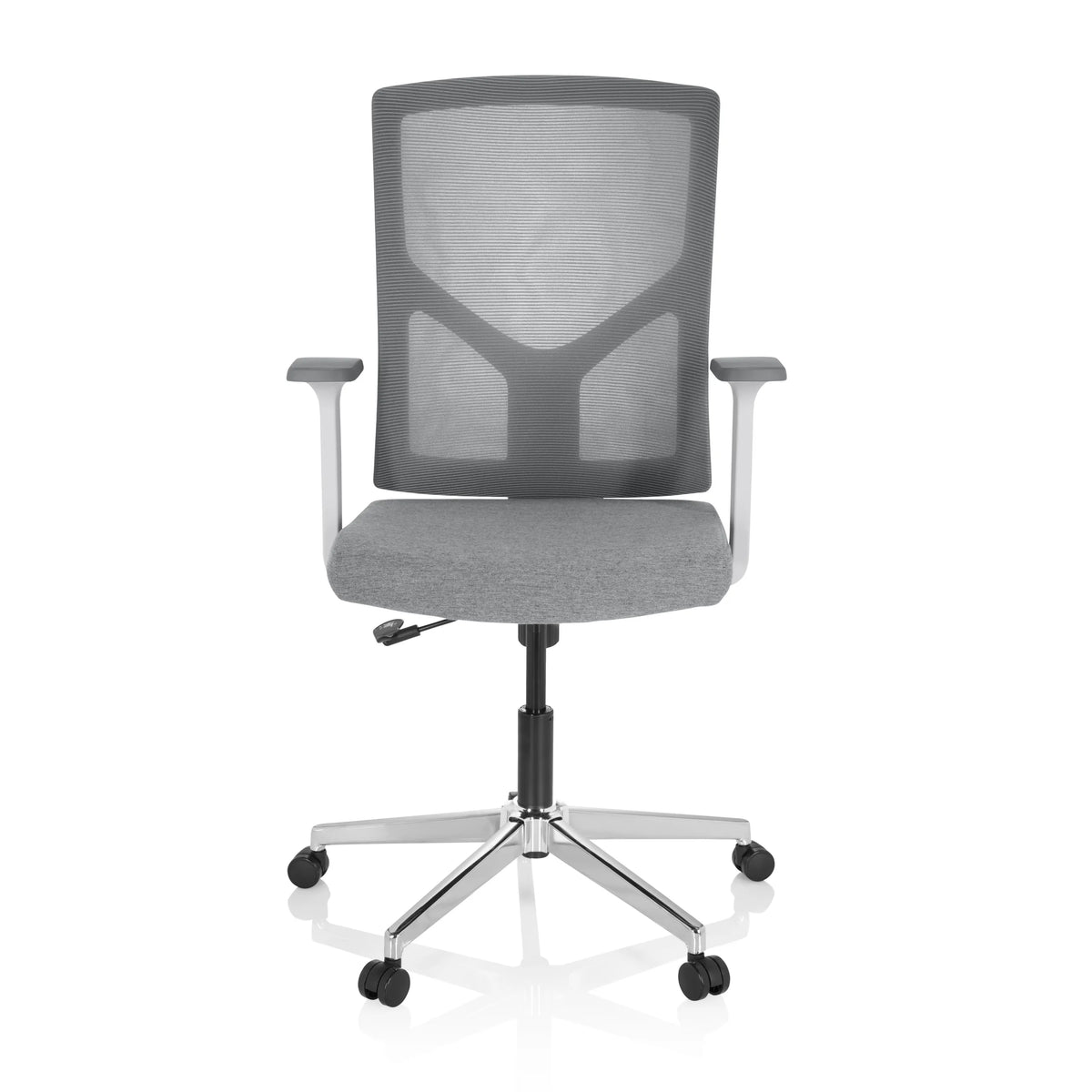 Silla Home Office BRETON BASE W gris con respaldo de malla y base de cinco ruedas de hjh OFFICE – vista de 360° (vista frontal 0°)