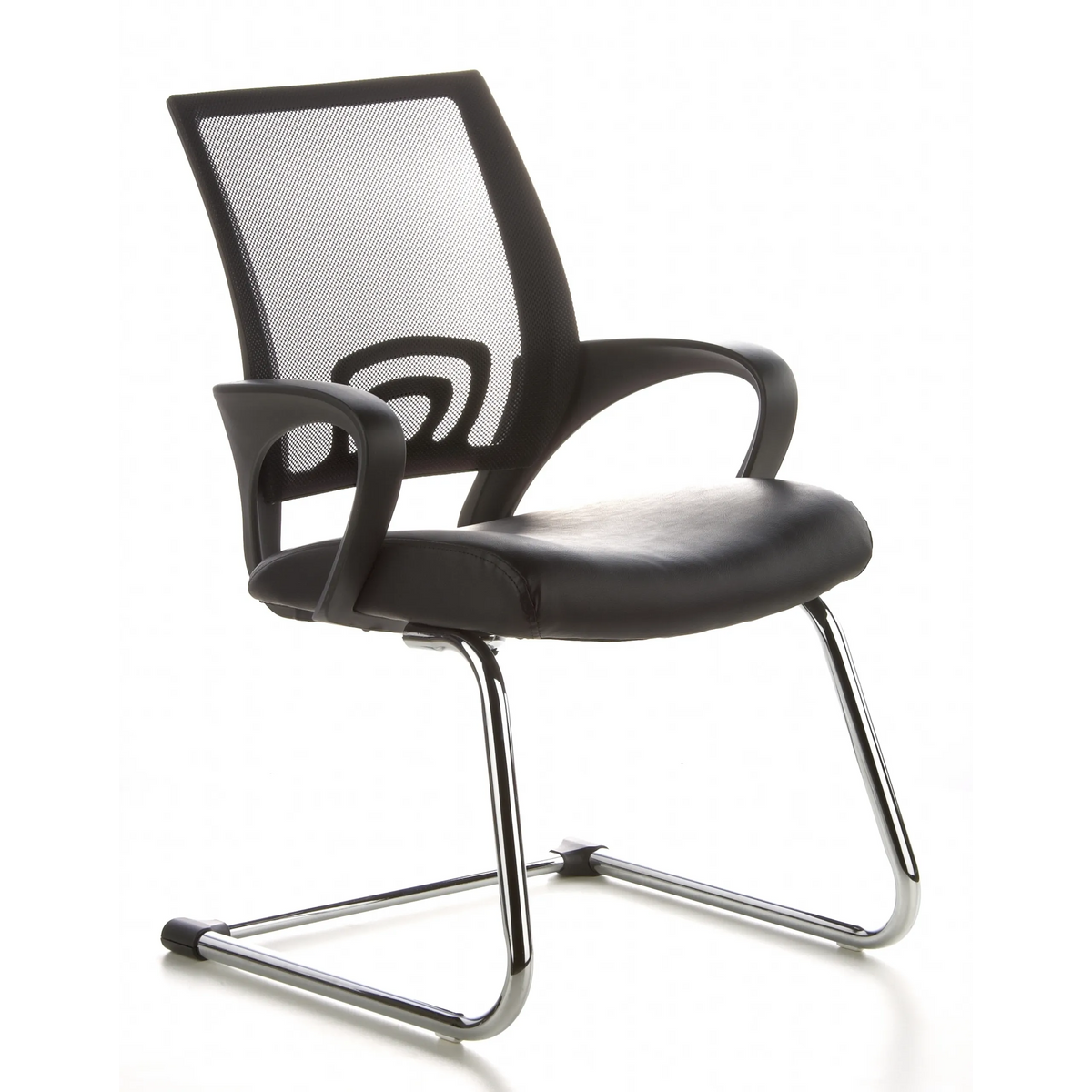 Silla de viga voladiza VISTO NET V negra con respaldo de malla, asiento acolchado y reposabrazos de hjh OFFICE – vista de 360° (vista frontal en diagonal 40°)