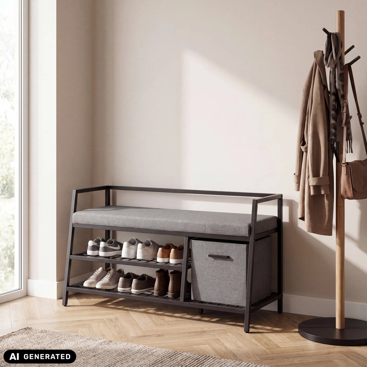 Armario zapatero Estha Loft en negro y gris con cojín para asiento, dos estantes y una cesta de tela de hjh LIVING