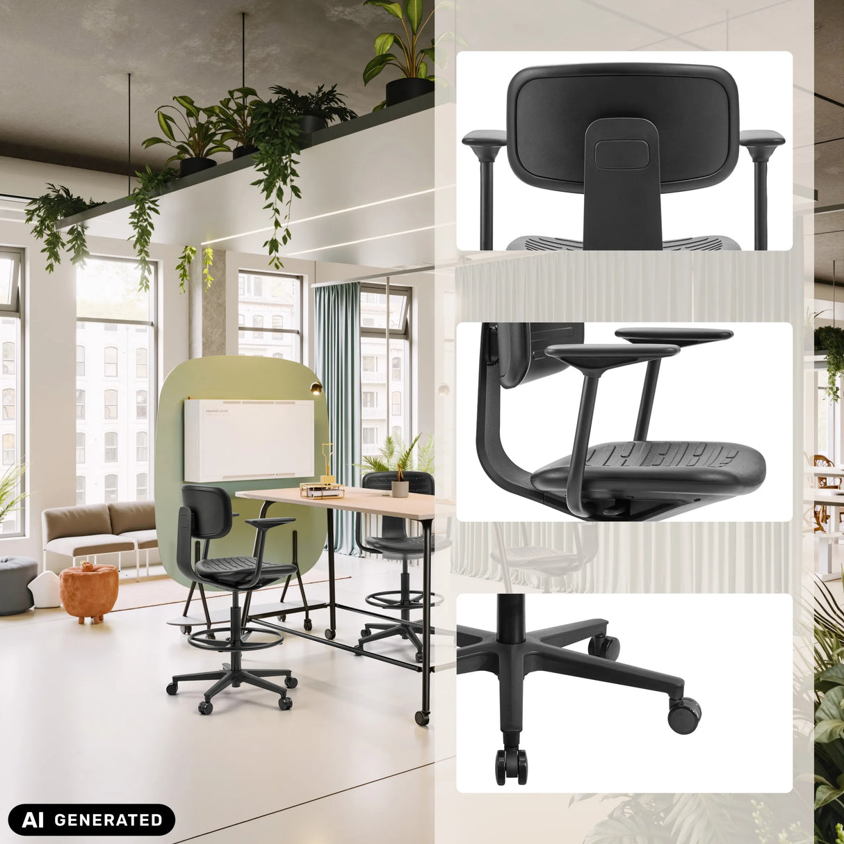 Silla de mostrador TOP WORK B1 en negro con vistas detalladas del respaldo y la base en cruz de hjh OFFICE (imagen generada por IA)
