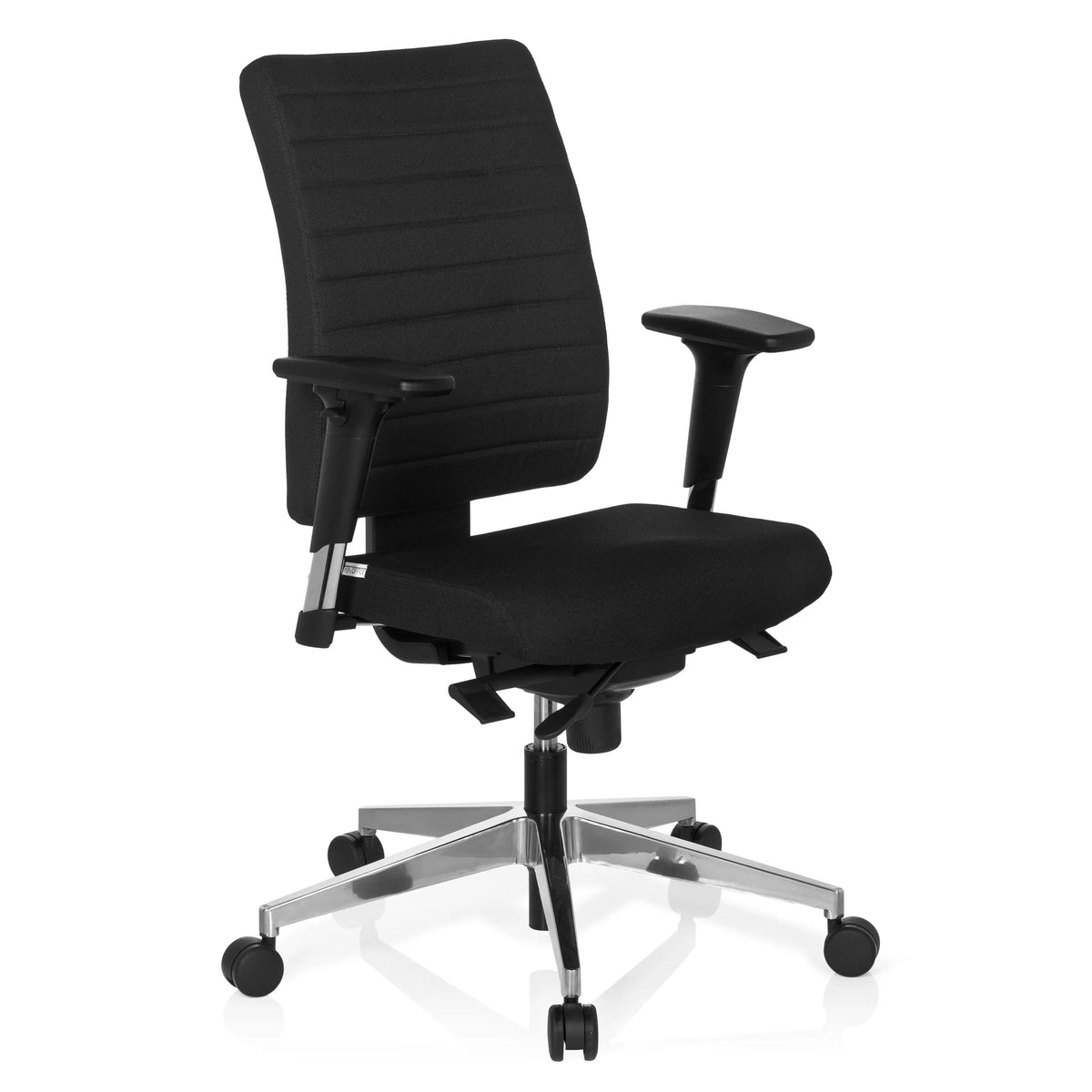 Silla de oficina profesional PRO-TEC 350 negra con reposabrazos y base plateada de cinco ruedas de hjh OFFICE – vista de 360° (vista frontal en diagonal 40°)