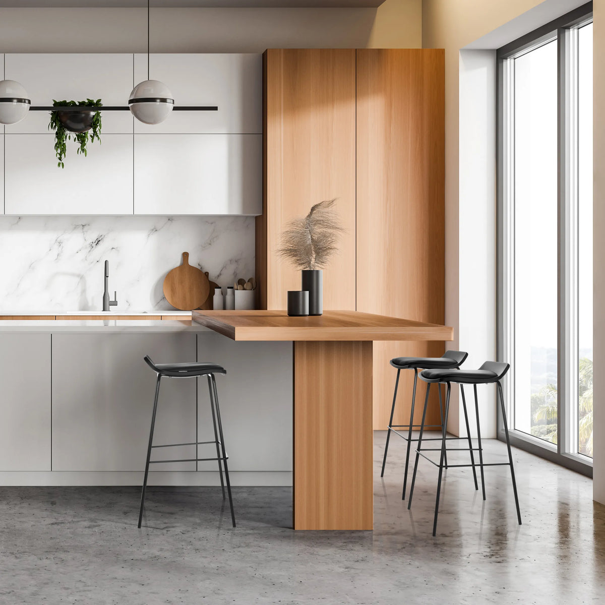 Tres taburetes de bar LONSO 10 negros en una barra de cocina de madera en una cocina moderna de hjh OFFICE