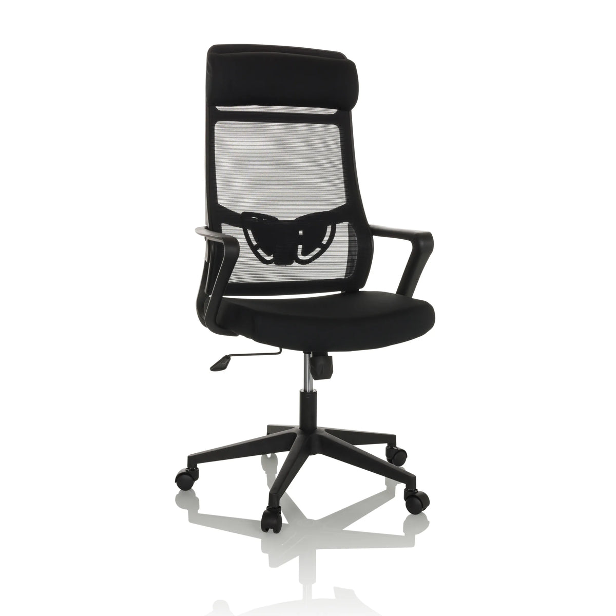 Silla Home Office NEKEO negra con respaldo de malla y base de cinco ruedas de hjh OFFICE – vista de 360° (vista frontal 15°)